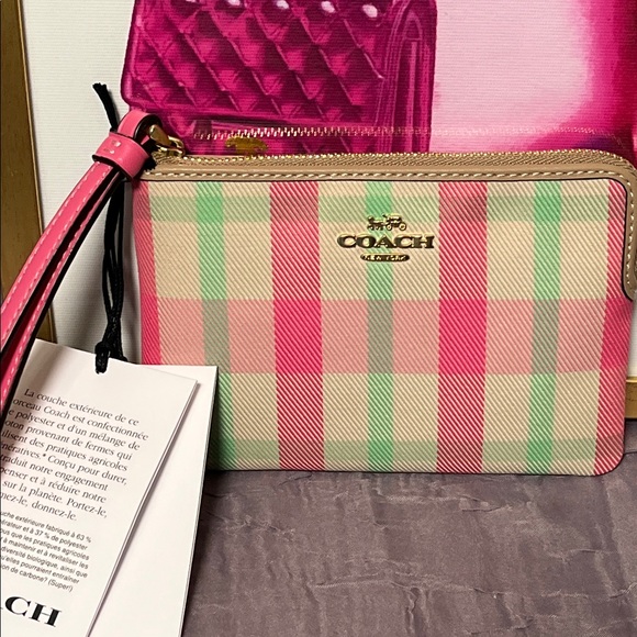 Coach Pink and Green Plaid Clutch - Picture 1 of 4